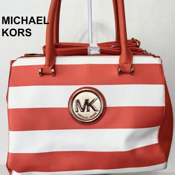 MICHAEL KORS Handbag Crossbody Orange & White Large/Round Gold Toned Logo - Picture 1 of 16